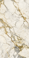 "White 'Calacatta Gold' marble digital texture with dramatic grey and bold gold veins, monumental 5x2.5m format."